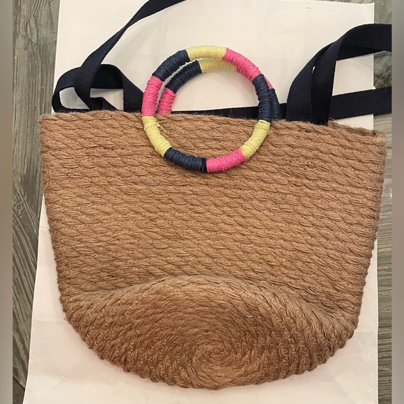 GAP Jute tote bag/crossbody with colorful O-ring top handles and canvas strap. - Picture 5 of 14